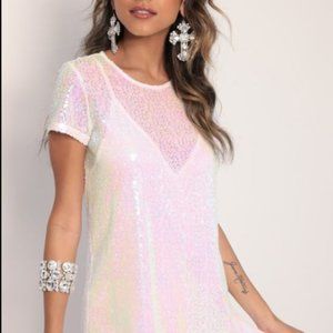 Lucy in the Sky Sequin Shift Dress in White Iridescence